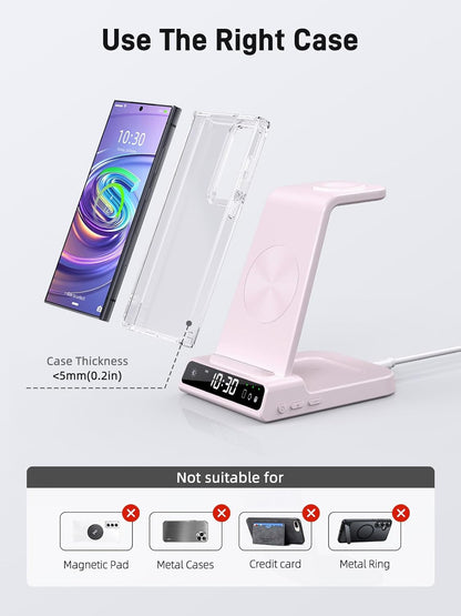 Wireless Charger for Samsung Charging Station: 3 in 1 Android Charging Stand with Dimmable Clock - Nightstand Organizer for Galaxy S25 Ultra, Galaxy Watch 8 7 6 5 4, Galaxy Buds, Space-Saving Charger