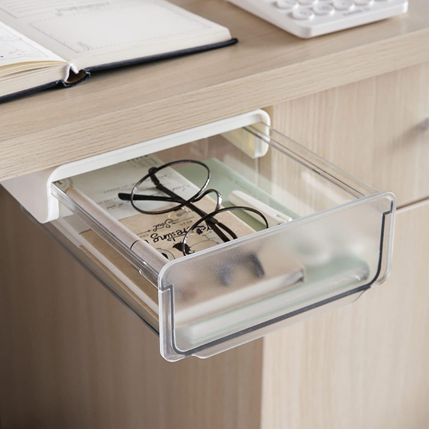 Self-adhesive Under Desk Drawer Organizer, 2 Pack Table Hidden Slide Out Large Storage Mounted Desktop Pencil Holder Tray Drawers for Office Home School Stationery Kitchen (Large, White)