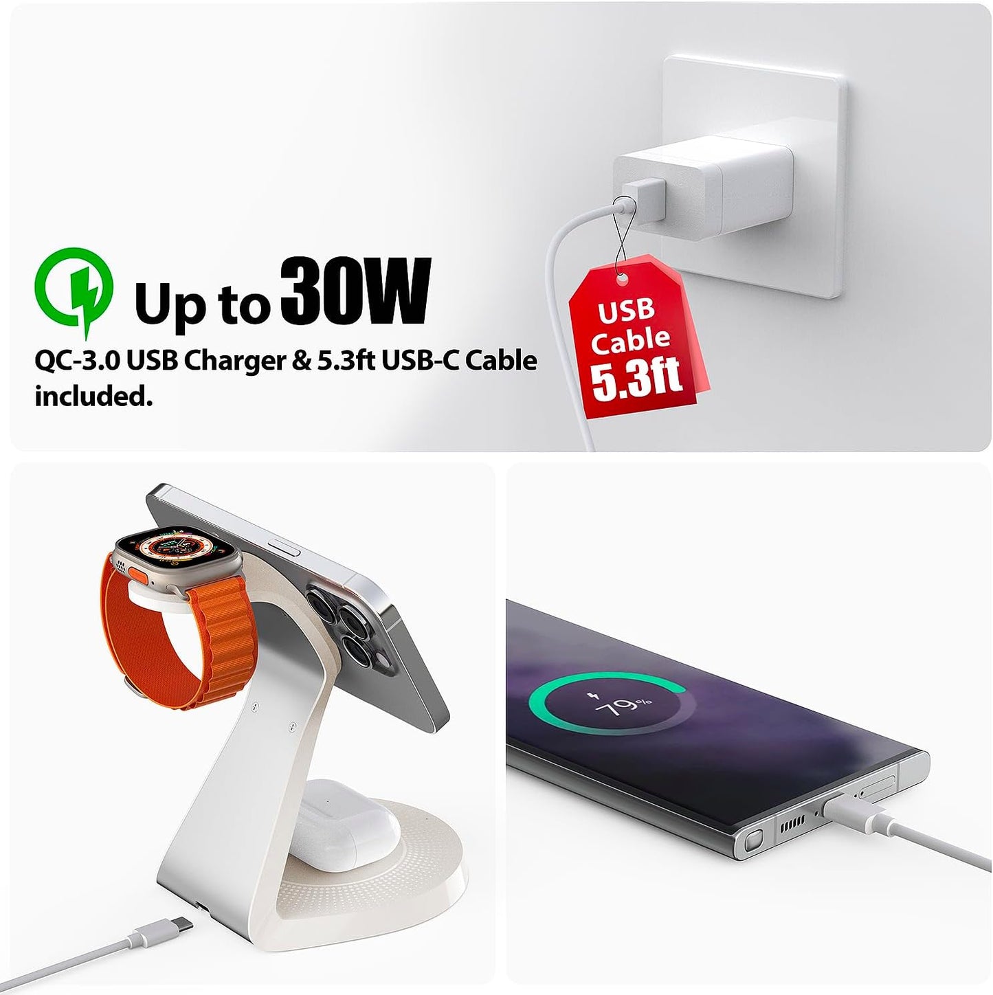 3 in 1 Charging Station for Apple Devices,Mag-Safe Charger Stand Fast Charging,Wireless Charger for iPhone 16/15/14/13/12 Series,& AirPods,& iWatch(USB-C Charger Included)