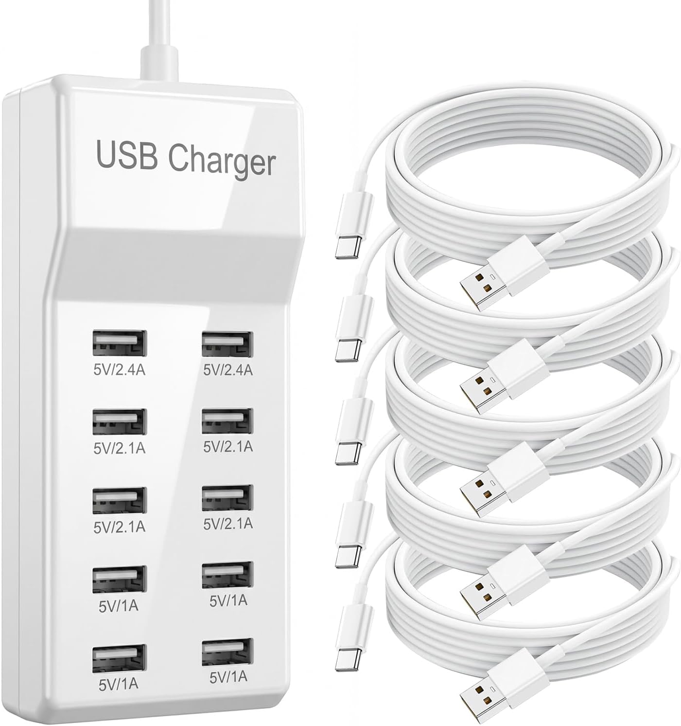 10-Port USB Charging Station 50W 10A with 5-Pack USB-A to C Cables, Ultra-Compact Multi Device Charger Block, Desktop Charging Hub Organizer for Phone, Tablet, Earbuds (White)