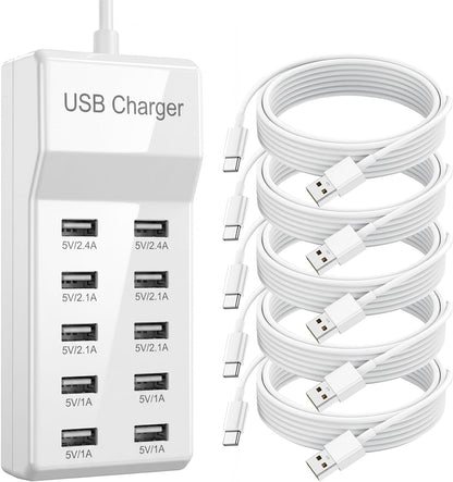 10-Port USB Charging Station 50W 10A with 5-Pack USB-A to C Cables, Ultra-Compact Multi Device Charger Block, Desktop Charging Hub Organizer for Phone, Tablet, Earbuds (White)
