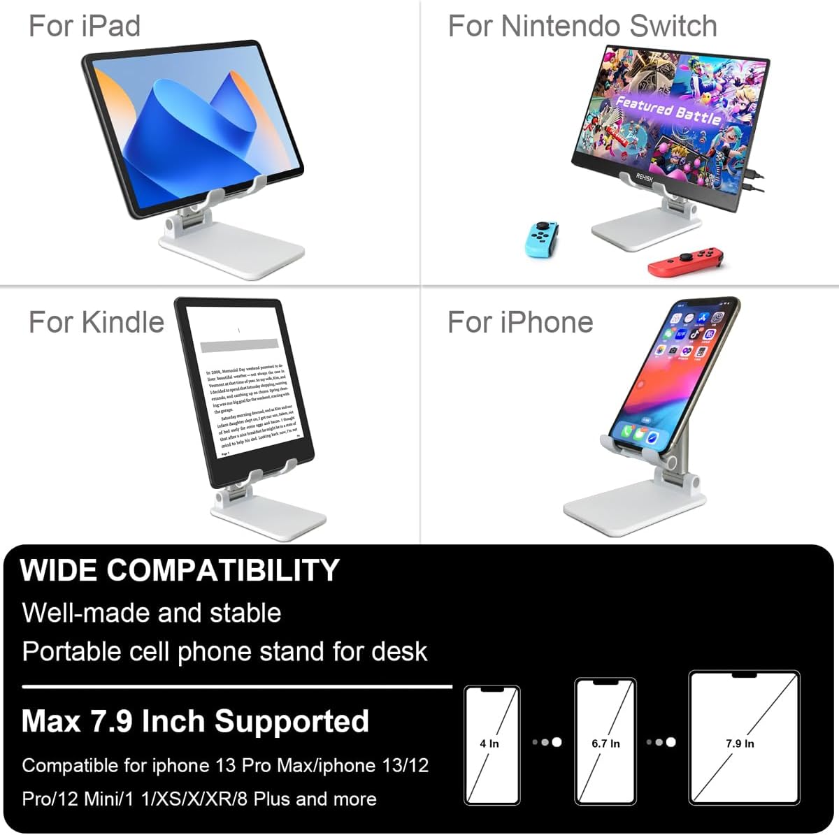 POQOD 2 Pack Cell Phone Stand, Foldable Phone Holder for Desk Compatible with Phone 15 14 13 12 11 Pro Xs Xs Max Xr X 8, Nintendo Switch, All Phones, Black & White