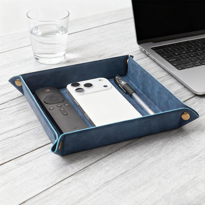 Valet Tray Desktop Storage Organizer – Premium PU Leather Catchall Bedside Vanity Tray Nightstand Caddy Holder for Remote Controller, Keys, Phone, Wallet, Coin, Jewelry,Brown