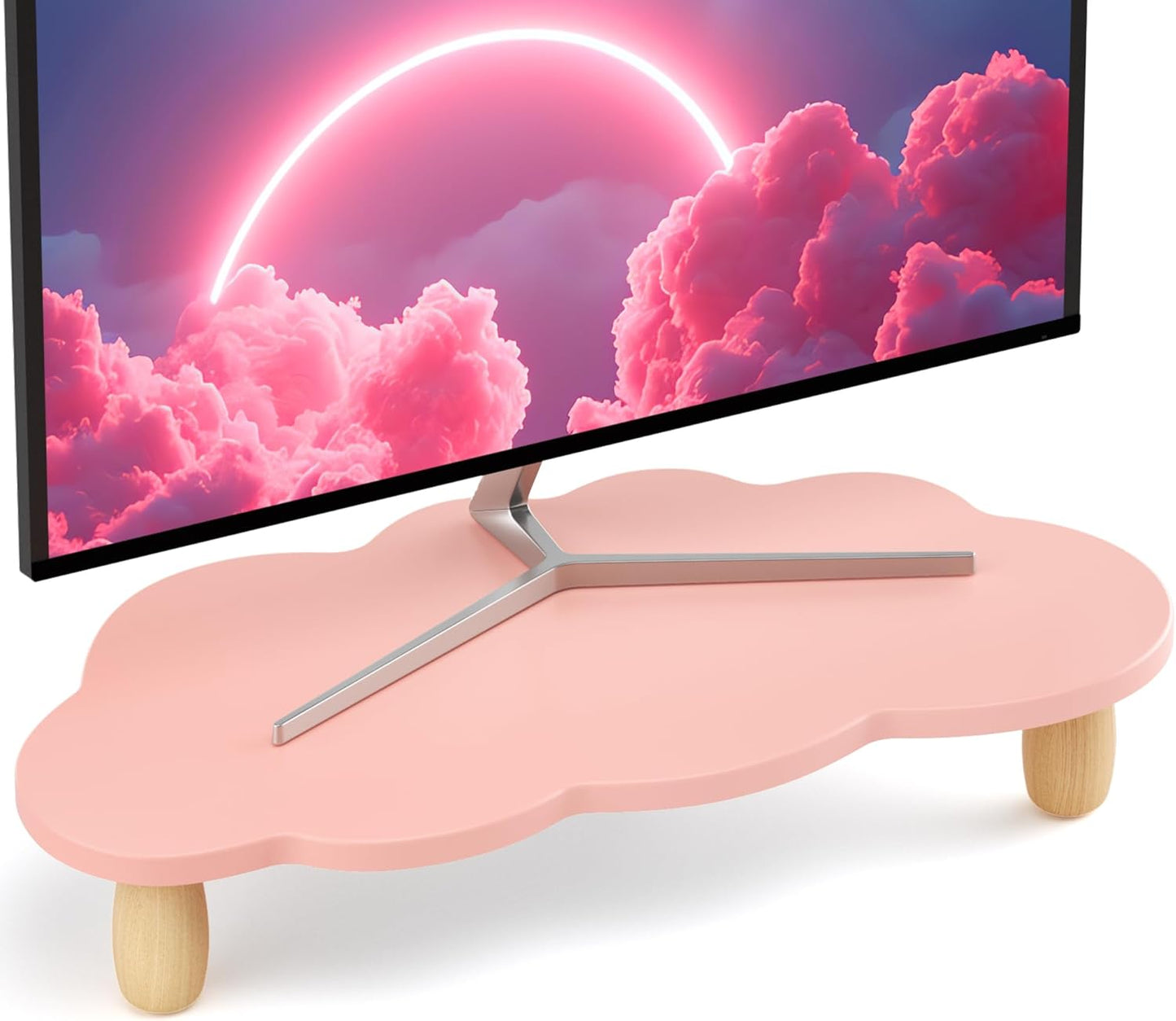 AFOOYO Monitor Stand Riser,Cloud Shape Wood Computer Monitor Stand, 16.5IN Monitor Stand Riser, Multi-Purpose Desktop Organizer Riser for Computer,Laptop,Printer,TV,Pink