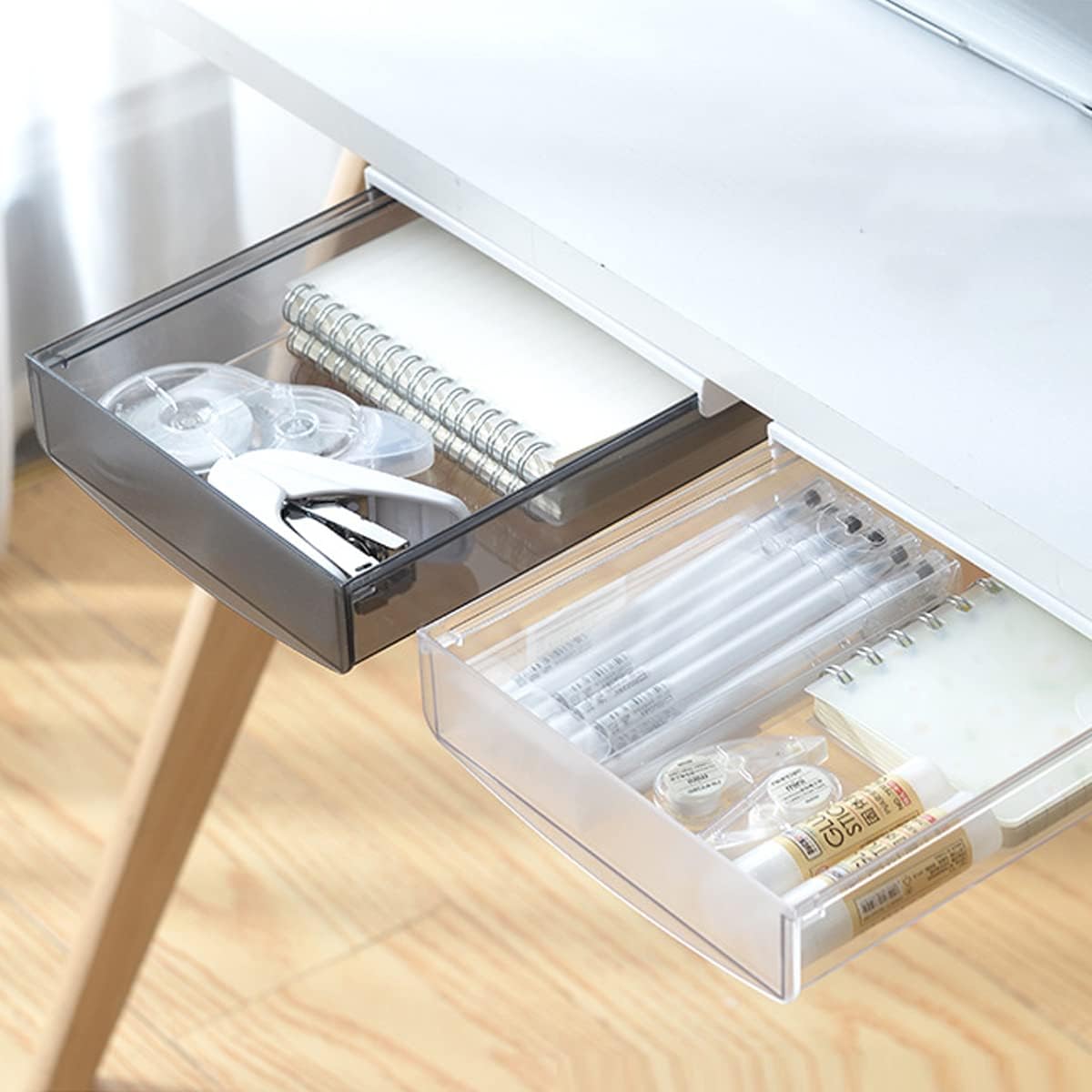 Self-adhesive Under Desk Drawer Organizer, 2 Pack Table Hidden Slide Out Large Storage Mounted Desktop Pencil Holder Tray Drawers for Office Home School Stationery Kitchen (Large, White)