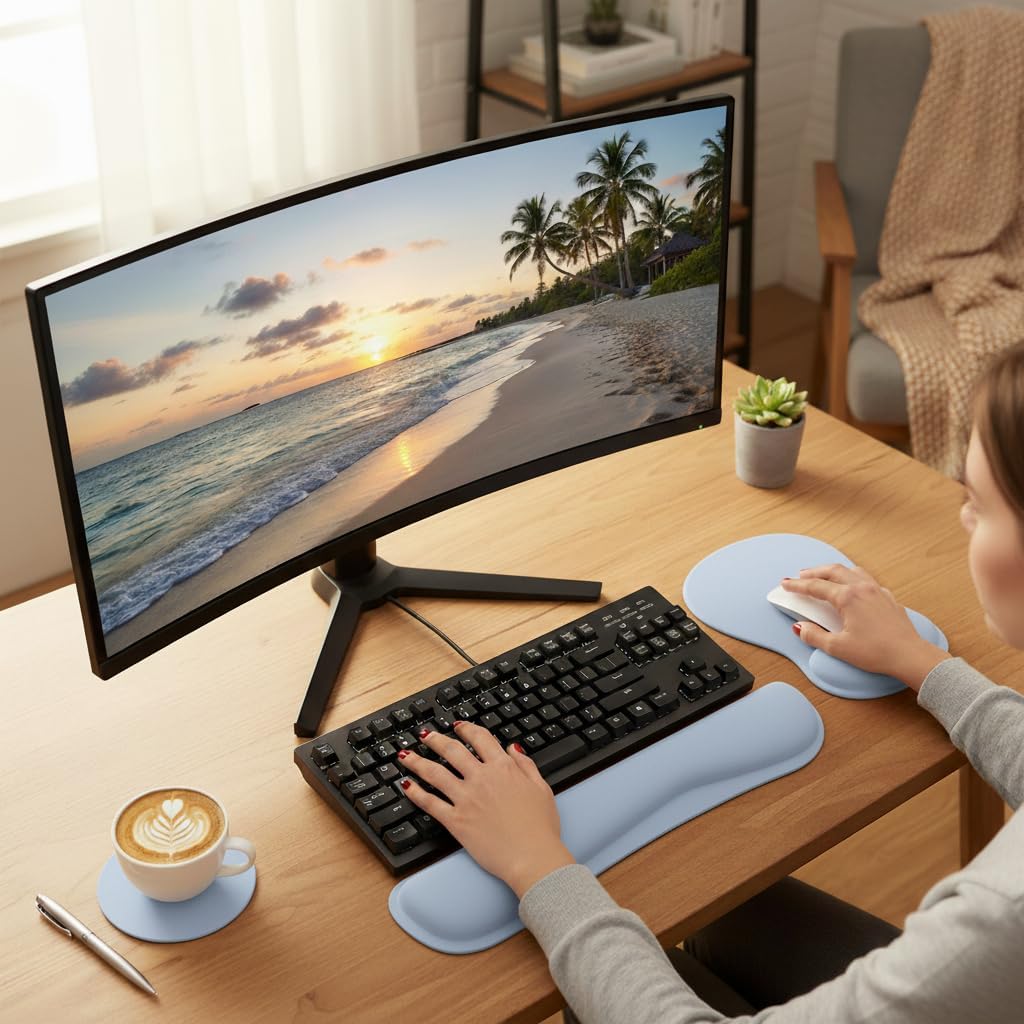 RICHEN Wrist Rest Support for Mouse Pad&Keyboard Set with Coaster,Concave Curved Memory Foam, Non-Slip Base Pain Relief Comfortable Easy Typing Pad for Home/Office (Lavender Purple)
