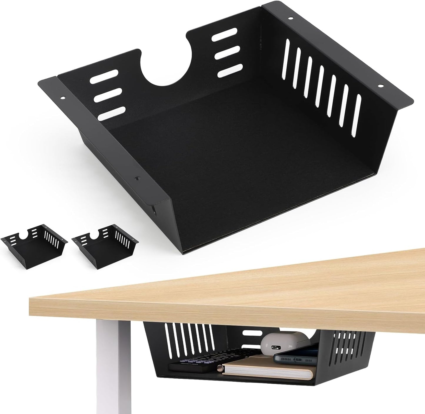 2 Pack Under Desk Shelf - Under Desk Storage Shelf Metals,Under Desk Organizer - Black Under Shelf Storage for Office Tables & Workstations（11 Inch）