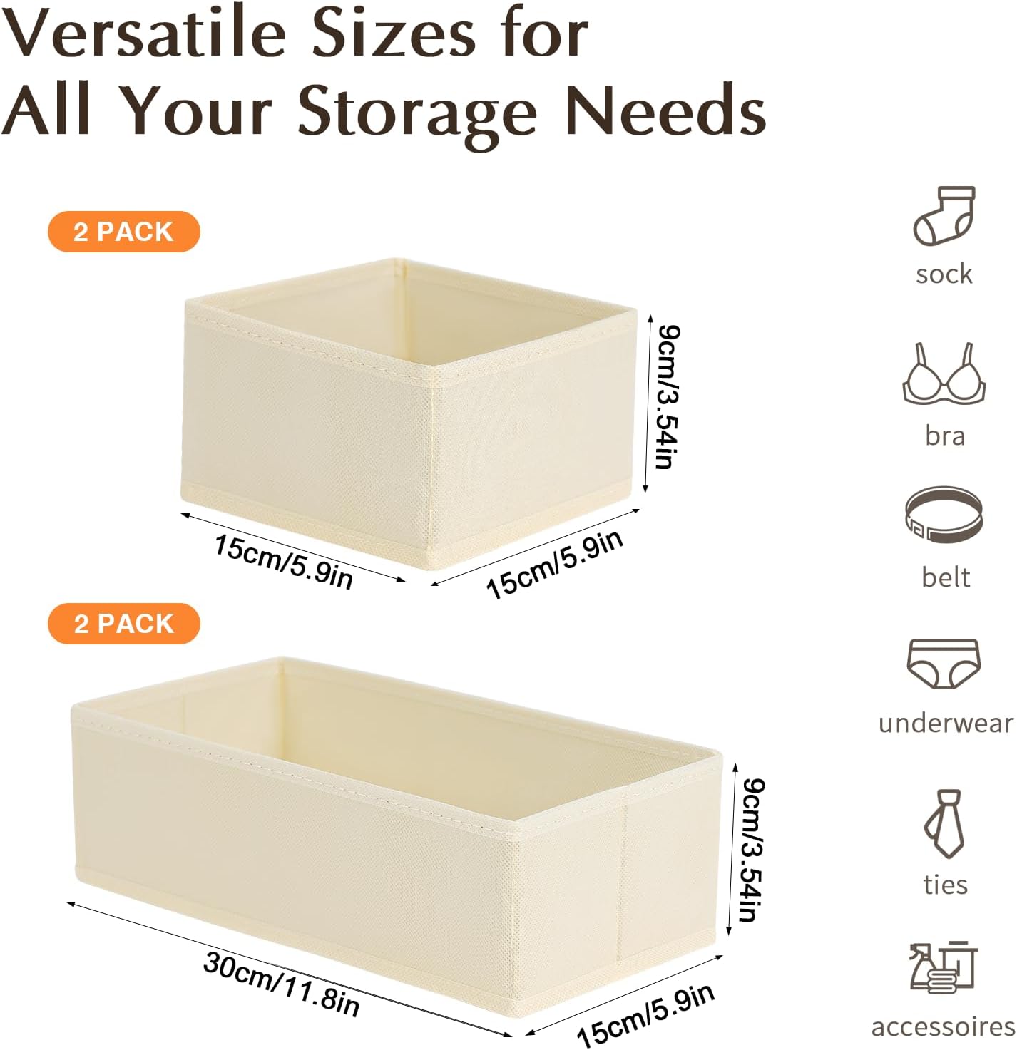DIMJ Drawer Organizers Clothes, Dresser Organizer Bins for Baby Clothes,Underwear and Sock, Fabric Closet Organization and Storage Boxs, Drawer Dividers for Nursery, Clothing, Tie - 4 Pack, Beige