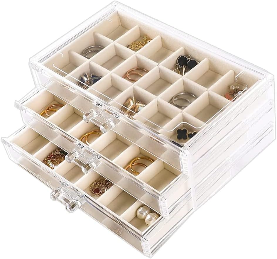 YUFONG Earring Organizer Box Acrylic Jewelry Organizer with 3 Drawers 54 Adjustable Grids Clear Stackable Earring Holder Velvet Trays Ring Display Case for Women Girls (Beige)