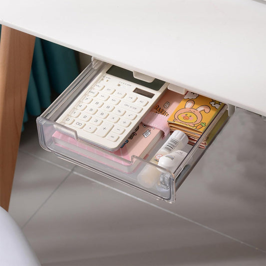 Under Desk Storage Drawers Self-Adhesive Easy Hidden Desktop Organizer, Attachable Clear Acrylic Storage Tray Under Table Drawer for Home Office School Counters Workstation, 2 Pack