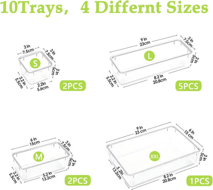 Clear Acrylic Drawer Organizer Trays, 5 Size Junk Box Organization Small Storage Container Bin for Desk Makeup Bathroom Vanity Kitchen Tool Make Up Workspace Home Dorm Apartment Office Room Nightstand