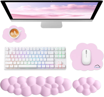Sushret Cloud Wrist Rest for Computer Keyboard, 4-in-1 Memory Foam Leather Cloud Keyboard Wrist Rest and Mouse Pad Set with Ergonomic Support for Arm and Palm Cushion, Gaming/Work Setup, Rainbow