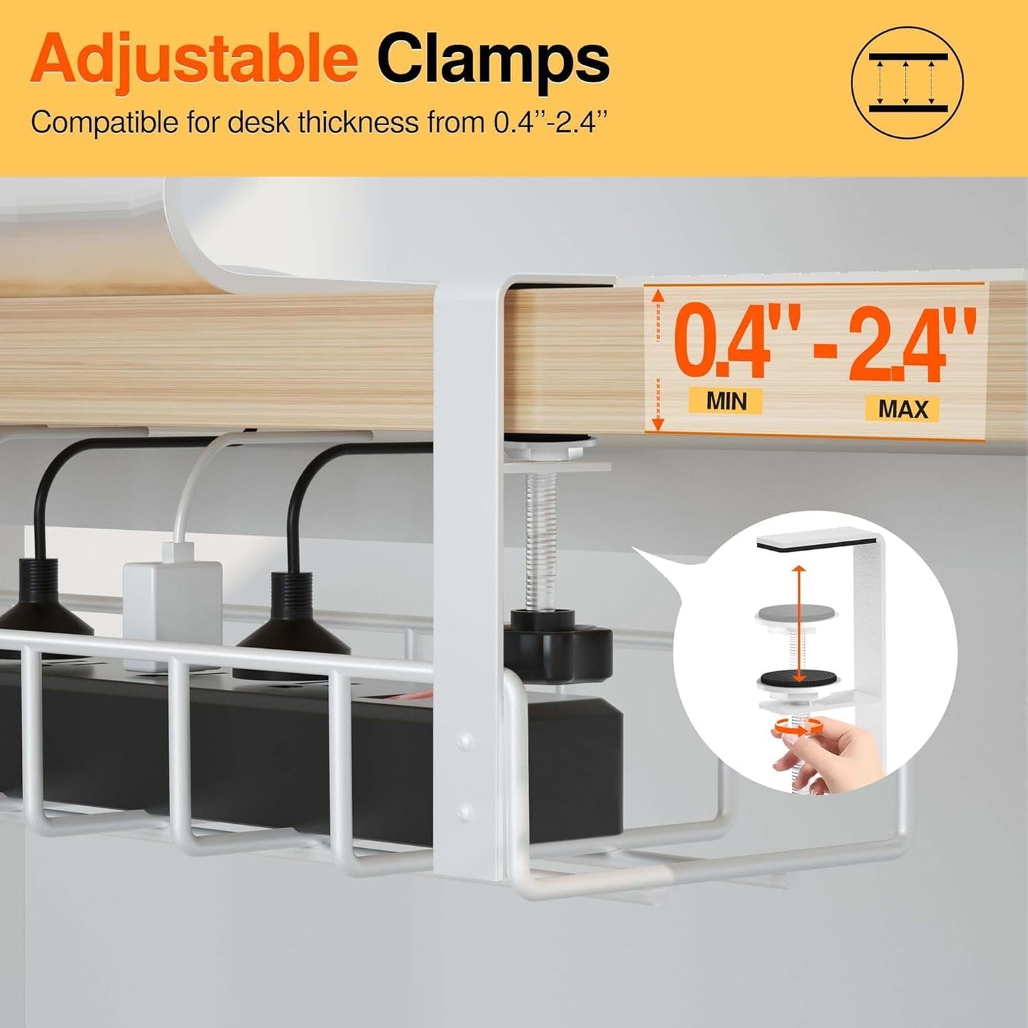 2 Pack Cable Management Under Desk Tray, 31.4" No Drill Under Desk Wire Management with Upgraded Clamp, Metal Cord Organizers for Desk with Cable Organizers, PC Cable Management Rack, Black