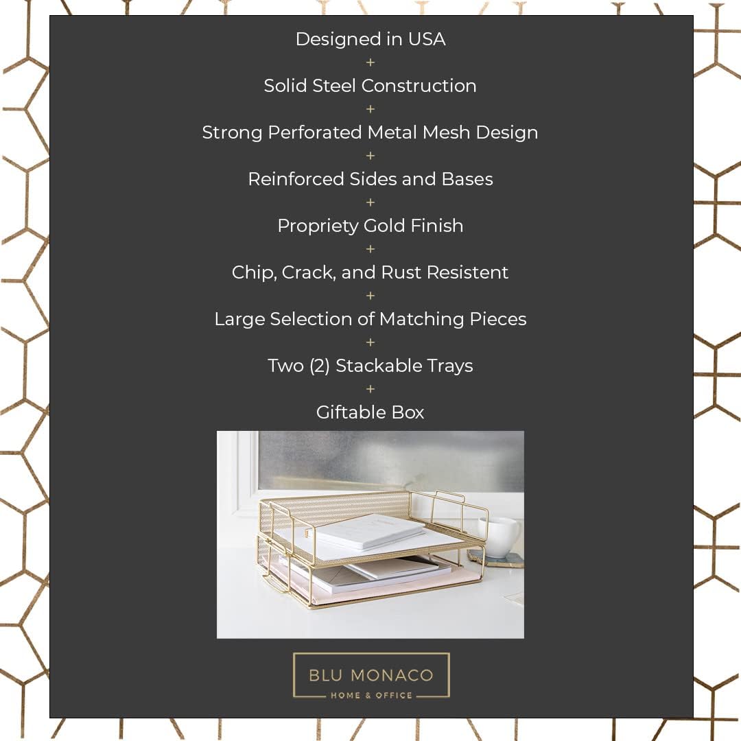 BLU MONACO | Paper Tray Stackable Gold Mesh Set of 2 | Stackable File Trays for Desk Organization | Tiered Desk Organizer with Metal Letter Trays