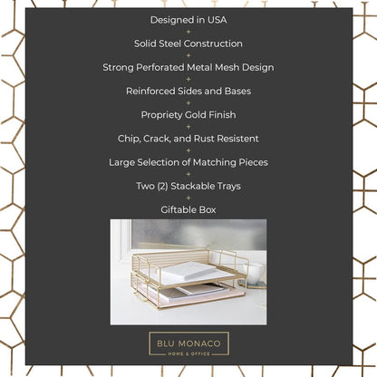 BLU MONACO | Paper Tray Stackable Gold Mesh Set of 2 | Stackable File Trays for Desk Organization | Tiered Desk Organizer with Metal Letter Trays