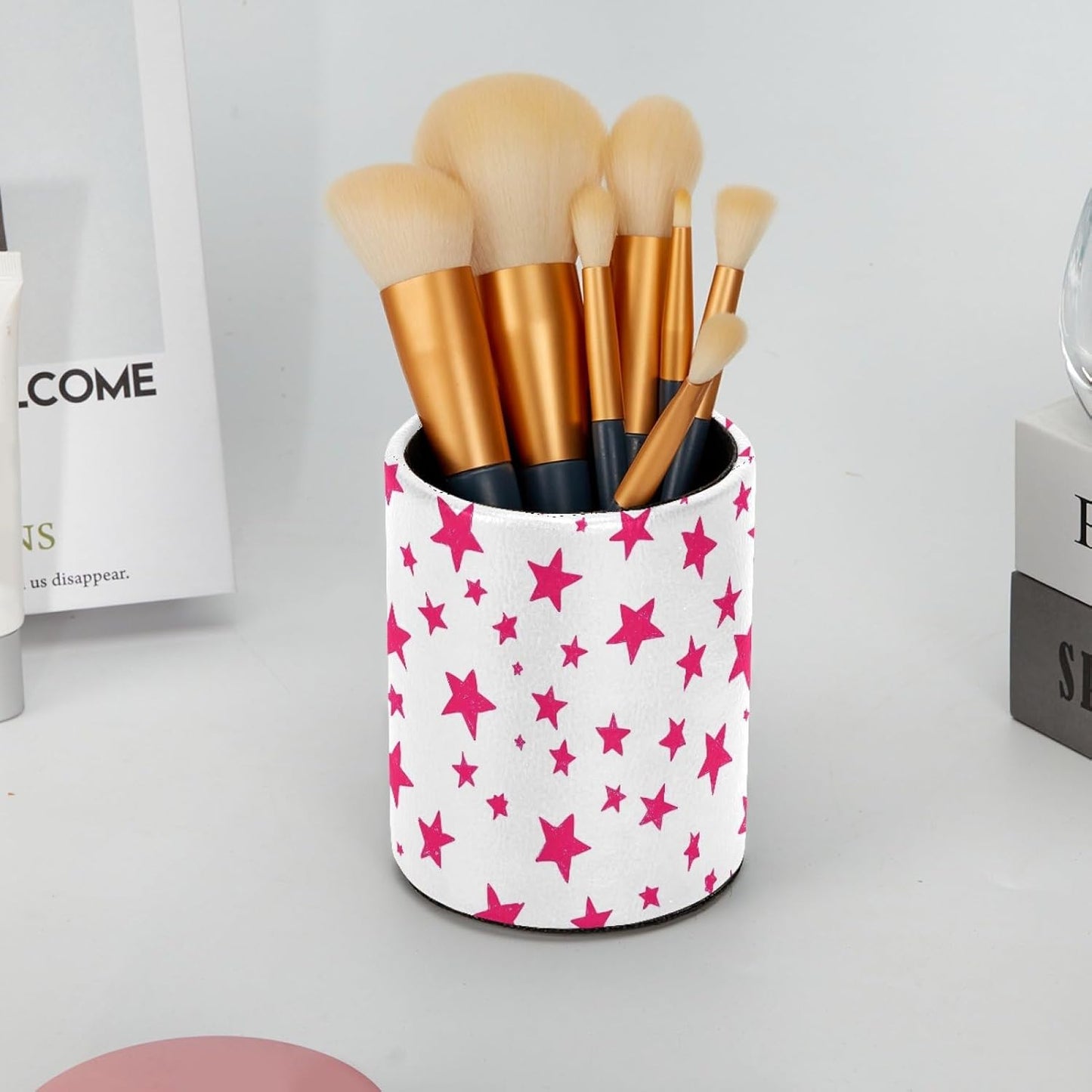 Leather Pen Holder for Desk, Love Cherry Pencil Organizer Pencil Cup Desk Decor Makeup Brush Holder Multifunctional Office Supplies for Home,Office, School
