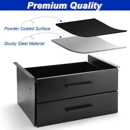 Menkxi 16 inch Under Desk Drawer Storage Pull out Storage Organizer Mounted Metal Sliding Hidden Under Counter Drawer Vertically Stacked for Office Sit Stand Workstation (Black,2 Layer)