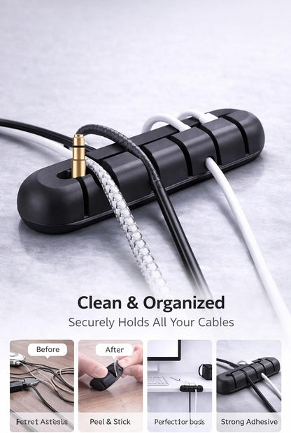 Cable Organizer Clips 2-Pack (5-Slot & 3-Slot) – Strong Adhesive Cord Holder for Desk, USB & Charging Cables, Silicone Wire Organizer for Home Office & Car – No-Drill, Keeps Cables Tidy