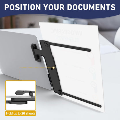 HAUTOCO Monitor Mount Document Clip, Document Holder for Typing Clips to Laptops & Monitors, Adjustable Removable Stand, Adhesive Mounts Left or Right, Holds Up to 20 Sheets for Recipes, Study, Office