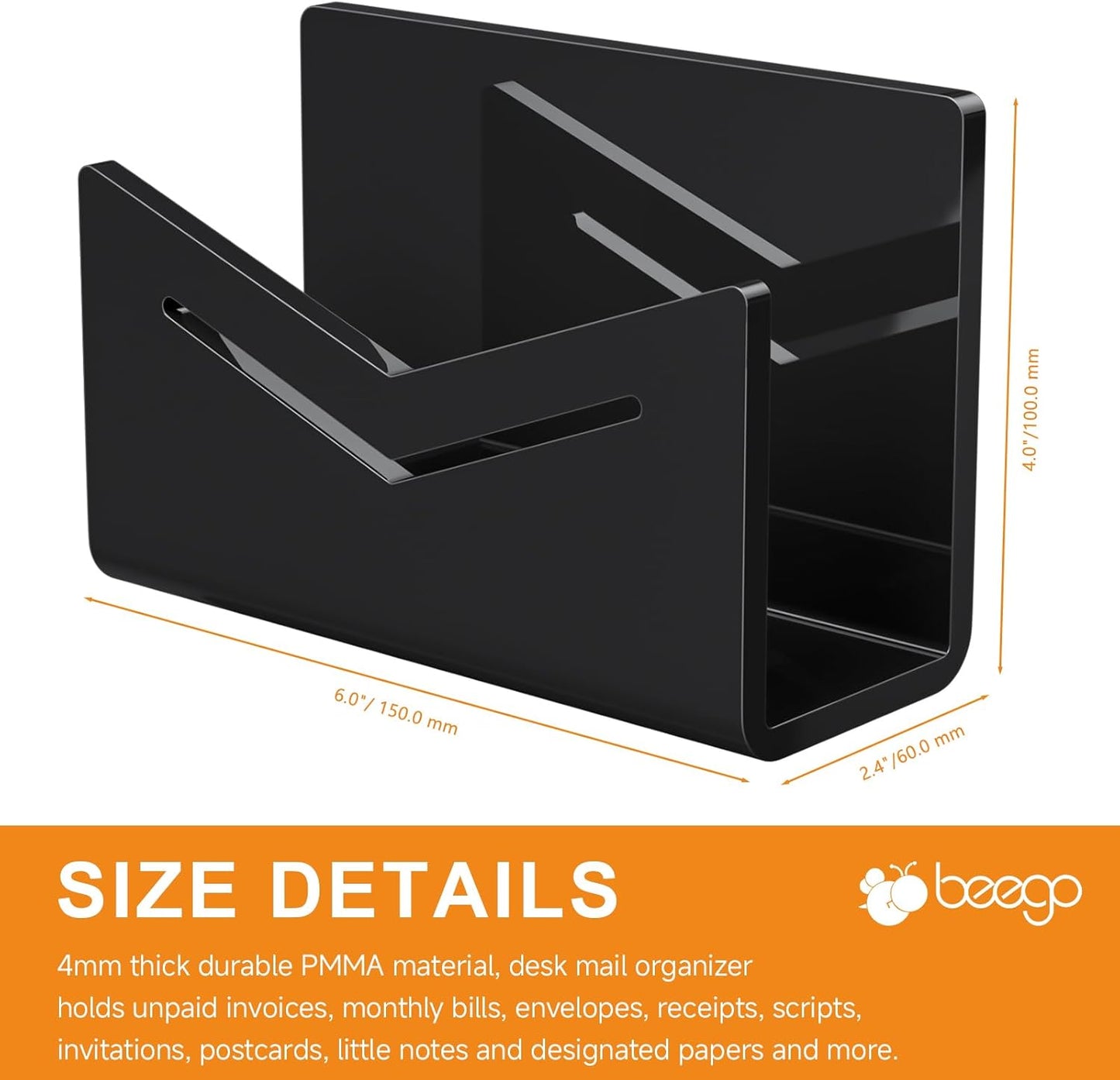 Beego Envelope and Mail Organizer Countertop - Clear Acrylic Desk Organizer Letter Holder Desktop File Sorter Bill Document Folder Rack for Office, Home, School Desk Organization