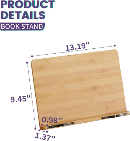 Bamboo Book Stand, Adjustable Reading Holder with Page Clips, Portable Lightweight Desk Stand for Textbooks, Cookbooks (Small)