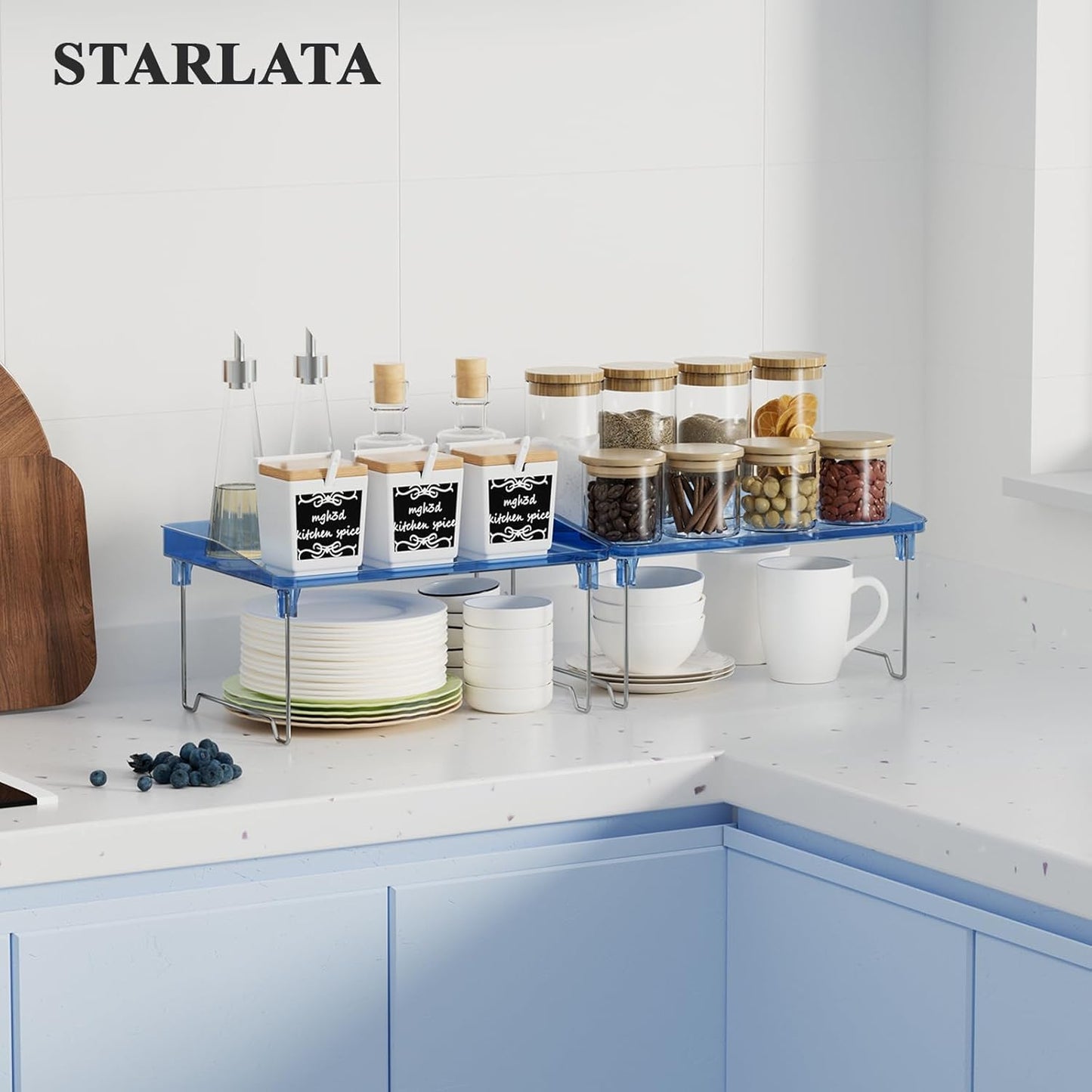STARLATTA 2 Pcs Cabinet Organizer Shelf, Stackable Kitchen Counter Shelves, Spice Rack,Countertop Organizers, Clear Plastic Storage Shelves Rack for Makeup,Bathroom,Cupboard,Desk,Pantry Organization