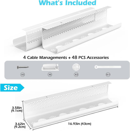 KHAMAL Cable Management Under Desk 26PCS - Cable Management Tray Kit Ventilated Hexagonal Design with Cable Clips, Wire Ties, Cord Holder & Screws for Office, Home - 2 White Sets