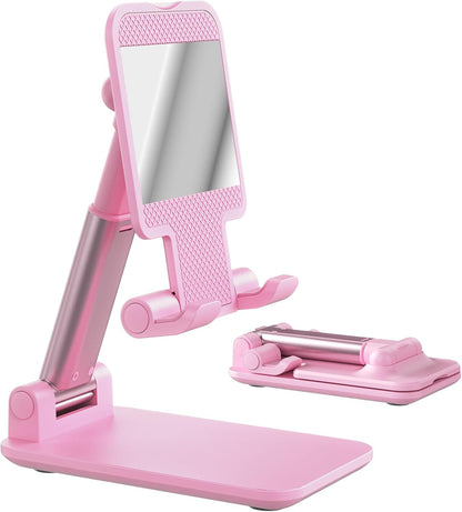 Cell Phone Stand, Angle Height Adjustable Cell Phone Holder with Silicon Pad for Desk Fully Forldable Mobile Phone Holder Compatible with All Mobile Phones, MT-6, (White)