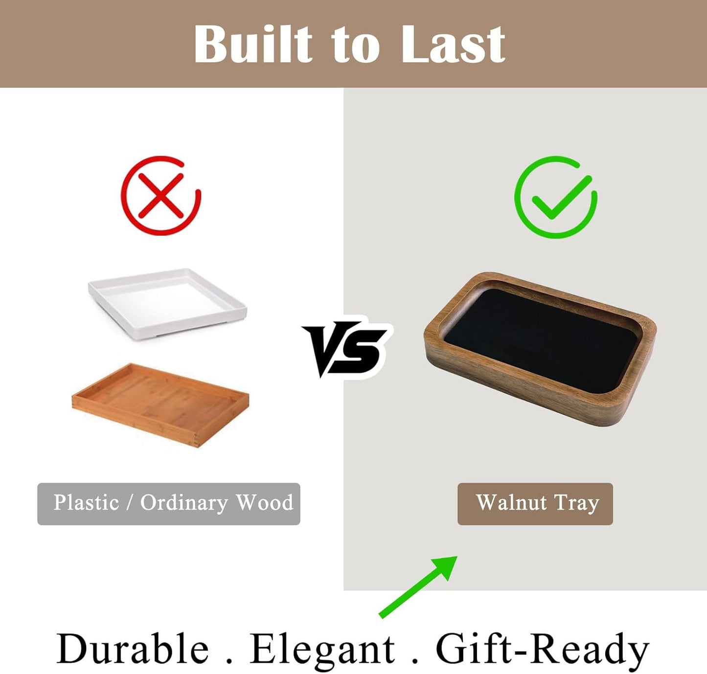 Walnut Wood Serving Tray with Velvet Liner – Decorative Valet Catchall Organizer for Desk, Nightstand & Entryway | Jewelry, Keys & Accessories Holder