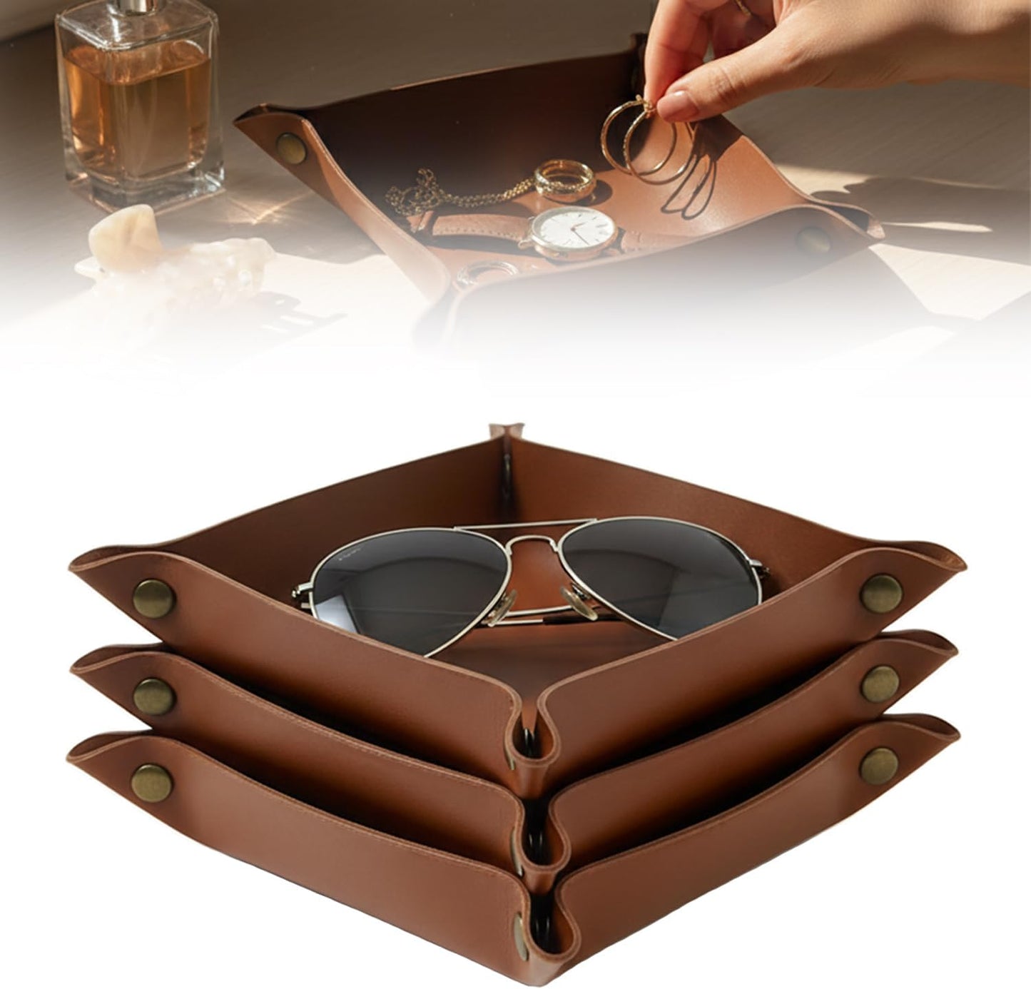 3 PACK PU Leather Jewelry Valet Tray Organizer, Foldable & Portable Catch All Bowl for Entryway Table, Nightstand, Desk & Travel | Storage Dish for Keys, Watch, Coin, Glasses (Brown)