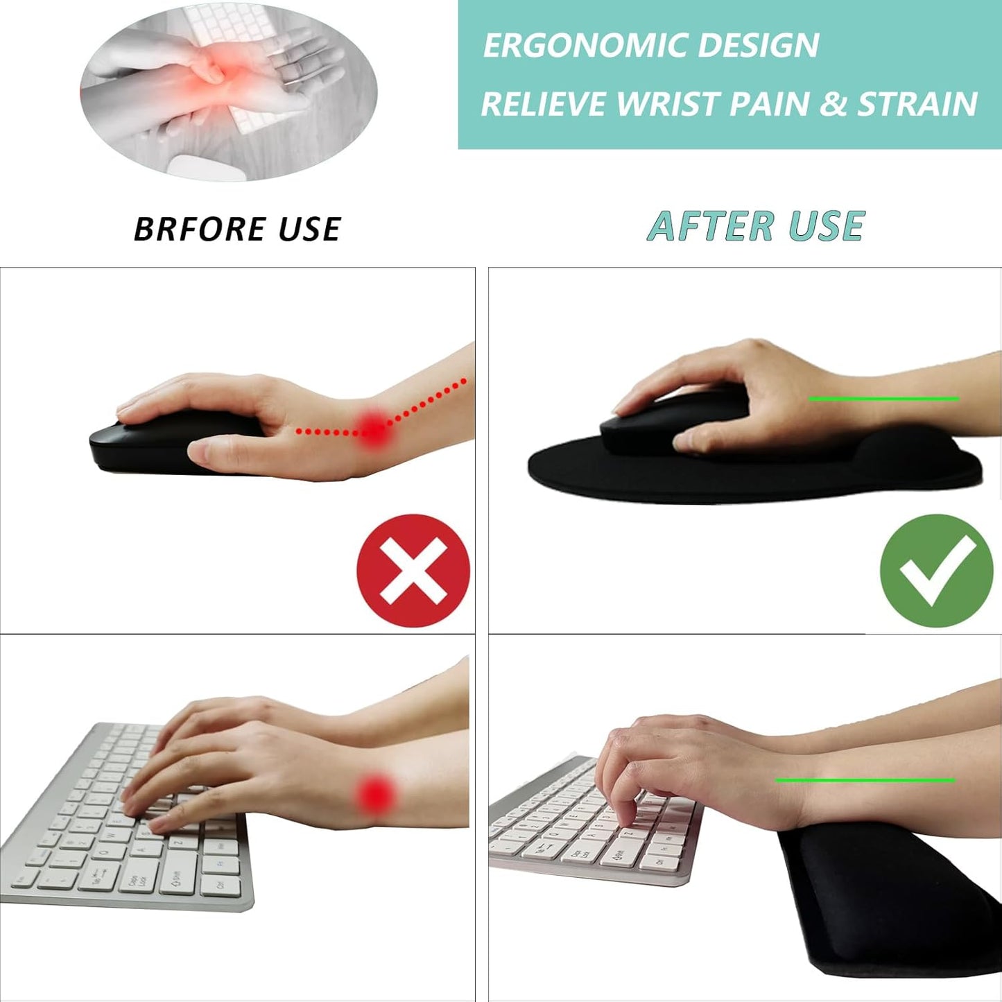 Keyboard Wrist Rest Pad Mouse Pad with Wrist Support Set of 3, Mousepad with Non-Slip Rubber Base, Ergonomic Memory Foam Mouse Wrist Cushion Support for Home Office Laptop Computer, Flower Black