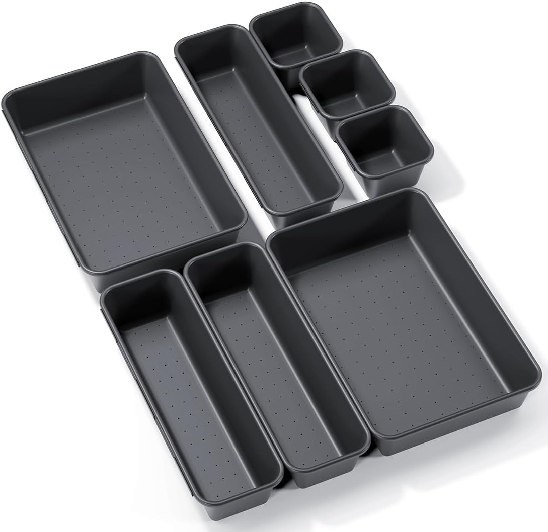 8PCS Plastic Interlocking Drawer Organizer, 3 Sizes Versatile Desk Drawer Organizer Trays, Drawer Dividers, Organization and Storage Bins for Tools, Office, Jewelries, Kitchen Utensils and Makeup