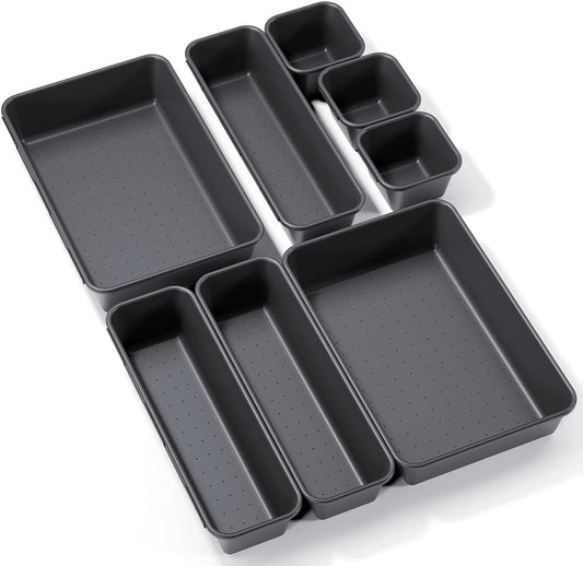 8PCS Plastic Interlocking Drawer Organizer, 3 Sizes Versatile Desk Drawer Organizer Trays, Drawer Dividers, Organization and Storage Bins for Tools, Office, Jewelries, Kitchen Utensils and Makeup
