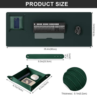 DAWNTREES Dual Sided Desk Mat,Leather Desk Pad,Cork Desk Mat Protector,with PU Leather Valet Tray Organizer,Large Mouse Pad,Desk Writing Pad for Office and Home(Dark Green 31.5"x15.8")