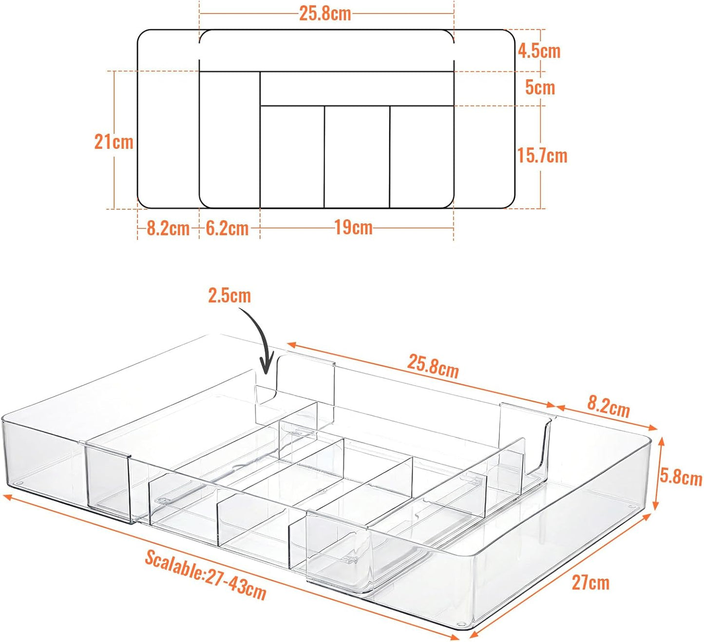 Expandable Drawer Organizer Tray with Adjustable Dividers, Clear PET Storage Box for Office Supplies, Makeup, Jewelry & Vanity, 10 Compartments, 1-Piece Set (10.6" x 15.7", Height 2.3")