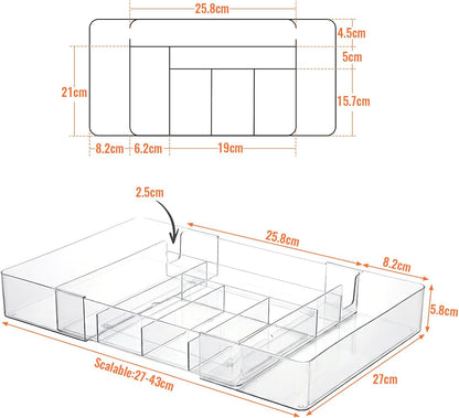 Expandable Drawer Organizer Tray with Adjustable Dividers, Clear PET Storage Box for Office Supplies, Makeup, Jewelry & Vanity, 10 Compartments, 1-Piece Set (10.6" x 15.7", Height 2.3")