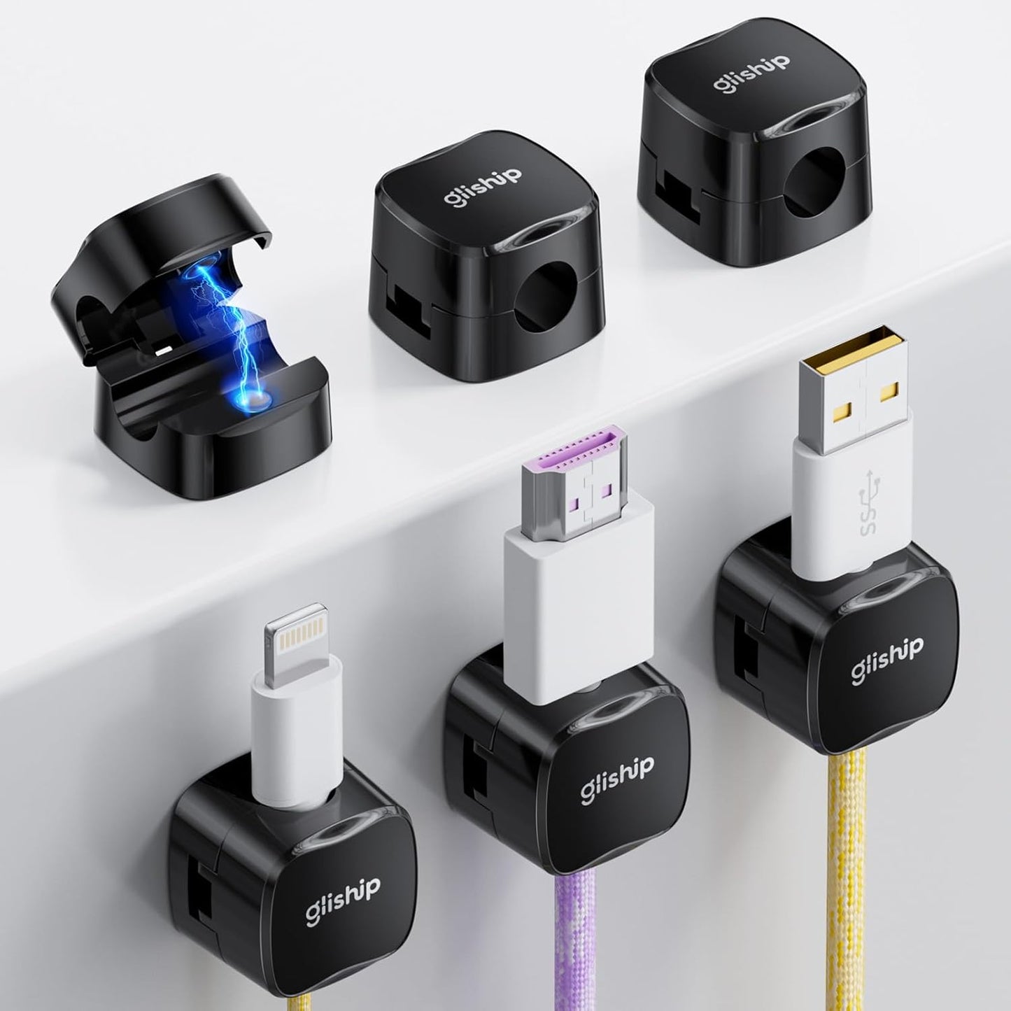 6-Pack Magnetic Cable Clips - Cell Phone Cord Holder for Nightstand, Mini Cube Cord Holder with 6 Extra Strong Adhesive Pads, USB Cable Magnetic Clip for Office Desk Home