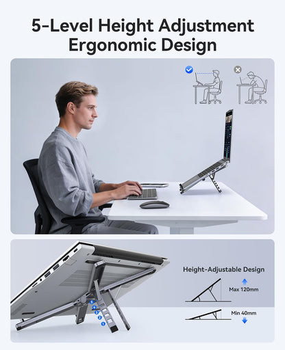 ORICO Portable Laptop Stand for Travel & Desk, Ultra-Compact Foldable Aluminum 3-in-1 Riser for Laptop, Tablet & Phone, 5 Adjustable Heights, Compatible with MacBook/HP/Dell/iPad/iPhone – PN1 (Gray)