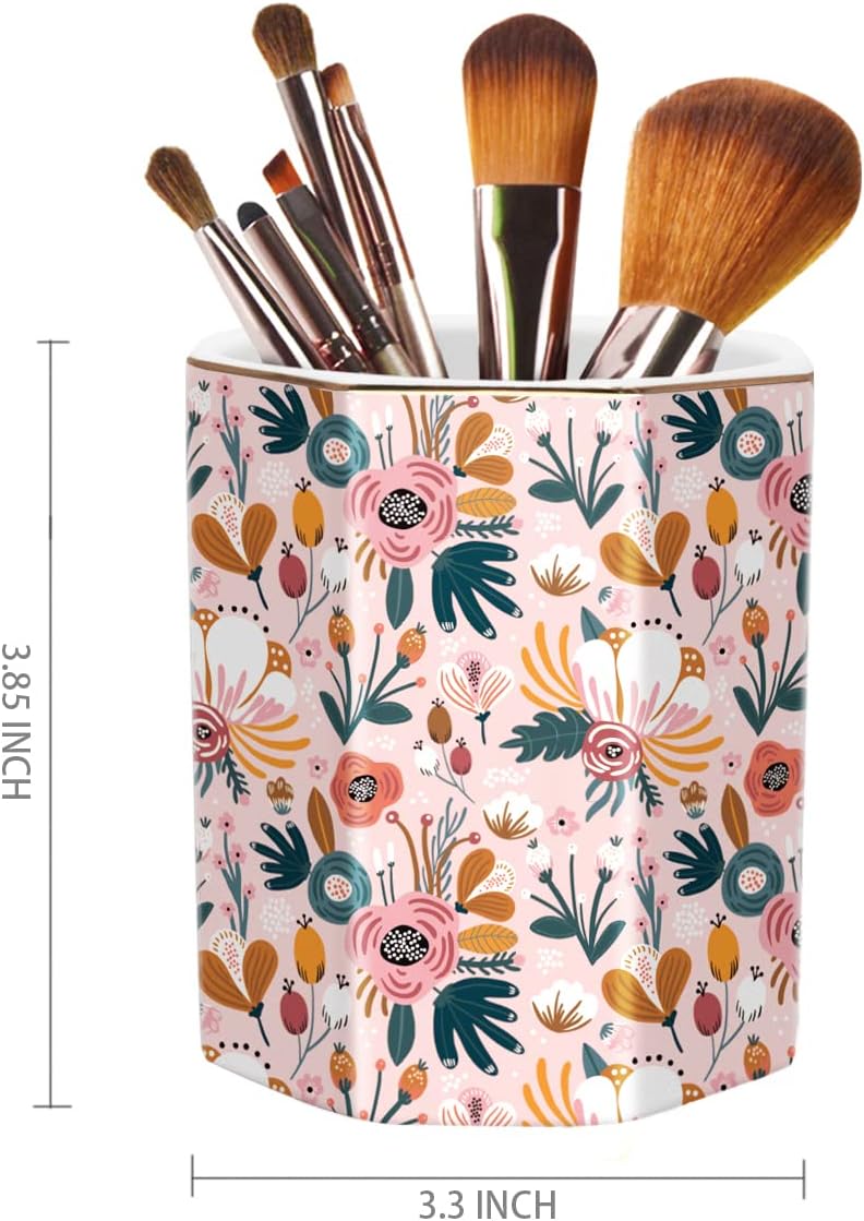 WAVEYU Ceramic Pen Holder for Desk Cute, Pencil Cup Pot Desk Organizer, Makeup Brush Holder for Women, Men, Kids, Desk Marble Decor for Office, Classroom, Home, Gray Golden