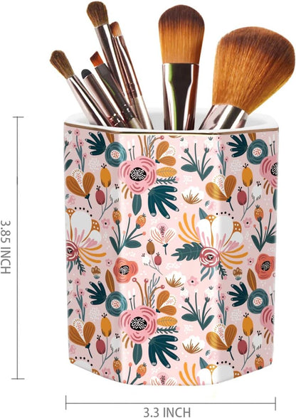 WAVEYU Ceramic Pen Holder for Desk Cute, Pencil Cup Pot Desk Organizer, Makeup Brush Holder for Women, Men, Kids, Desk Marble Decor for Office, Classroom, Home, Gray Golden