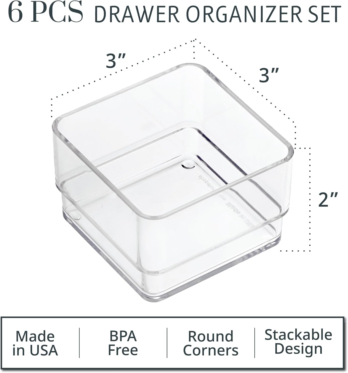 STORi SimpleSort 6-Piece Stackable Clear Drawer Organizer Set | 12" x 3" x 2" Rectangle Trays | Narrow Makeup Vanity Storage Bins and Office Desk Drawer Dividers | Made in USA