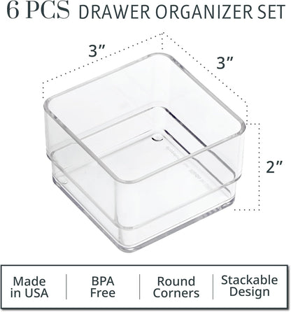 STORi SimpleSort 6-Piece Stackable Clear Drawer Organizer Set | 12" x 3" x 2" Rectangle Trays | Narrow Makeup Vanity Storage Bins and Office Desk Drawer Dividers | Made in USA