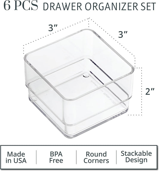 STORi SimpleSort 6-Piece Stackable Clear Drawer Organizer Set | 12" x 3" x 2" Rectangle Trays | Narrow Makeup Vanity Storage Bins and Office Desk Drawer Dividers | Made in USA