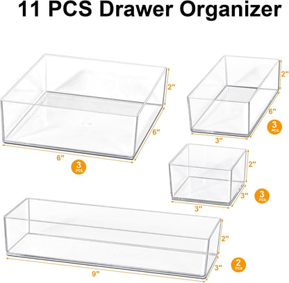 Stackable Acrylic Drawer Organizer Set, 18 PCS Multi-Size Storage Bins for Makeup, Office Desk, Bathroom, Vanity and Kitchen Utensils
