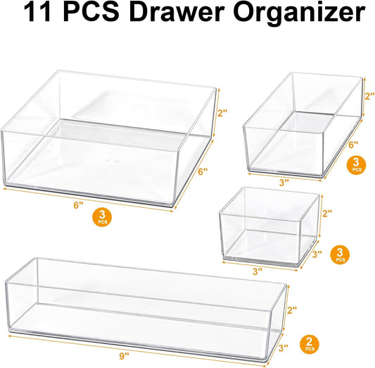 Stackable Acrylic Drawer Organizer Set, 18 PCS Multi-Size Storage Bins for Makeup, Office Desk, Bathroom, Vanity and Kitchen Utensils