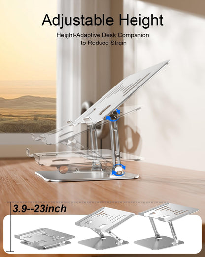 Laptop Stand for Desk, Adjustable Metal Foldable Laptop Riser Holder, Aluminum Desktop Book Stands, Ventilated Cooling Computer Notebook Stand with 10-17" (Silver)