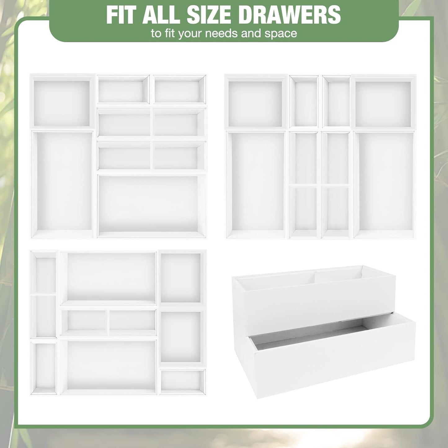 Bamboo Drawer Organizer,5 PCS White Bathroom Tray&Desk Organizers and Storage,Cabinet Divider With Removable Silverware Organization for Kitchen,Utensils,Junk,Office,Makeup