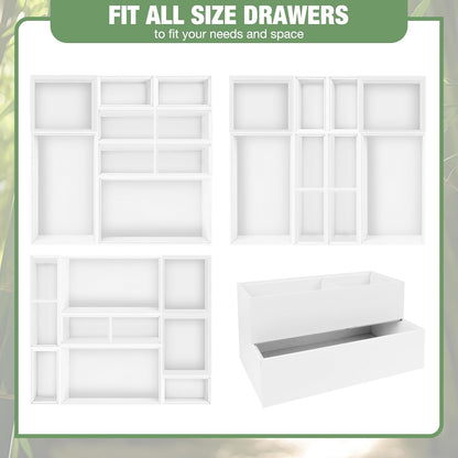 Bamboo Drawer Organizer,5 PCS White Bathroom Tray&Desk Organizers and Storage,Cabinet Divider With Removable Silverware Organization for Kitchen,Utensils,Junk,Office,Makeup