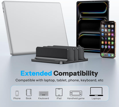 OMOTON Vertical Laptop Stand [Updated 3-Slots Version], Desktop Aluminum Mac Book Stand with Adjustable Dock Size, Fits All Mac Book, Chrome Book and Gaming Laptops (Up to 17.3 inch), Starlight