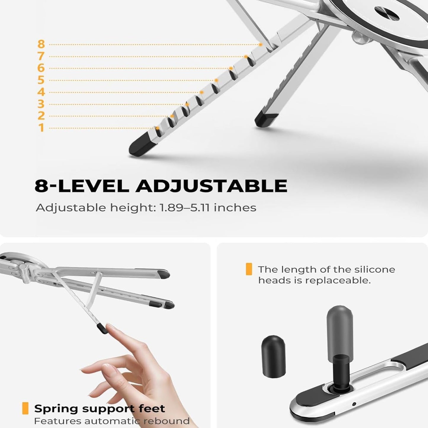 Laptop Stand for Desk, Adjustable Aluminum Alloy Magnetic Foldable Phone Stand, 8 Level Height Adjustable Laptop Stand, 3 in 1 Computer Riser for Phone, Tablet and Laptop